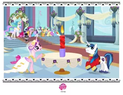 Size: 638x490 | Tagged: a canterlot wedding, applejack, candle, clothes, derpibooru import, dress, female, fluttershy, hat, male, official, pinkie pie, princess cadance, princess celestia, rainbow dash, rarity, safe, shining armor, shiningcadance, shipping, spike, straight, table, top hat, twilight sparkle, wedding