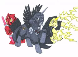 Size: 600x439 | Tagged: safe, artist:allison-beriyani, derpibooru import, alicorn, pony, crossover, darth maul, darth sidious, darth vader, emperor palpatine, star wars