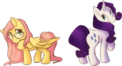 Size: 900x491 | Tagged: safe, artist:widdlez, derpibooru import, fluttershy, rarity, pegasus, pony, unicorn, duo, female, glasses, looking at you, looking back, looking back at you, mare, raised hoof, simple background, smiling, standing, three quarter view, transparent background, wings