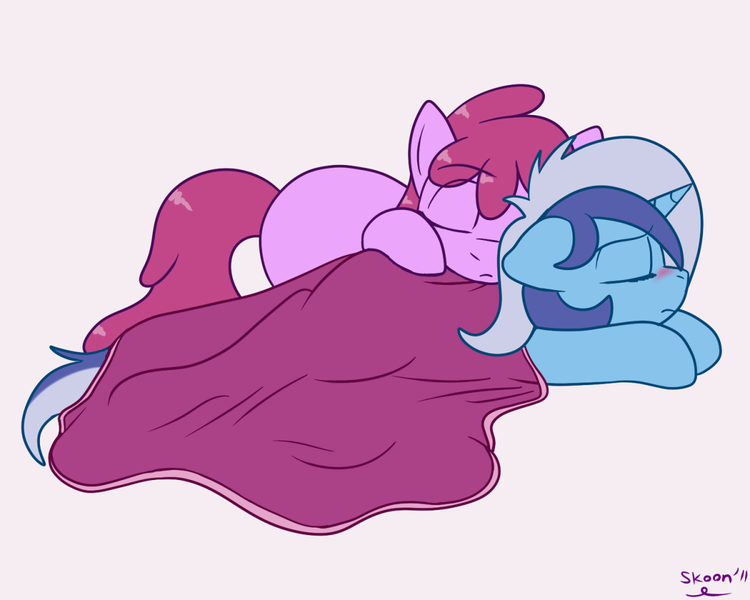 Size: 1200x960 | Tagged: artist:skoon, berrygate, berry punch, berryshine, blanket, blushing, derpibooru import, female, lesbian, minuette, safe, shipping, sleeping