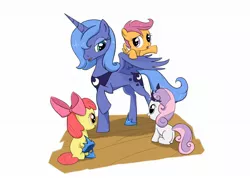 Size: 1876x1334 | Tagged: safe, artist:true-amateur, derpibooru import, apple bloom, princess luna, scootaloo, sweetie belle, alicorn, earth pony, pegasus, pony, unicorn, accessory theft, clothes, cutie mark crusaders, female, filly, mare, s1 luna, shoes