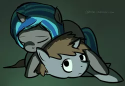 Size: 1004x690 | Tagged: safe, artist:johnnoz, derpibooru import, oc, oc:homage, oc:littlepip, unofficial characters only, pony, unicorn, fallout equestria, fanfic, cuddling, eyes closed, fanfic art, female, hooves, horn, lesbian, lying down, mare, oc x oc, shipping, sleeping