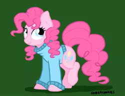 Size: 1000x768 | Tagged: alternate hairstyle, artist:cobracookies, clothes, cute, derpibooru import, diapinkes, green background, pigtails, pinkie pie, safe, simple background, solo, sweater