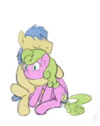 Size: 477x600 | Tagged: safe, artist:carnifex, derpibooru import, daisy, flower wishes, goldengrape, sir colton vines iii, earth pony, pony, daisygrape, female, hug, male, mare, shipping, stallion, straight