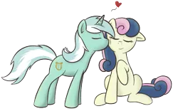 Size: 803x502 | Tagged: dead source, safe, artist:spaerk, derpibooru import, bon bon, lyra heartstrings, sweetie drops, earth pony, pony, unicorn, female, heart, kissing, lesbian, lyrabon, shipping