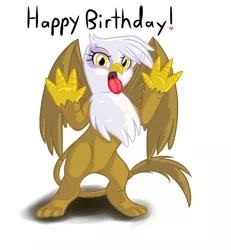 Size: 1000x1084 | Tagged: safe, artist:jessy, derpibooru import, gilda, gryphon, :p, arms in the air, bipedal, colored, female, happy birthday, image, jpeg, looking at you, simple background, solo, tongue out, white background