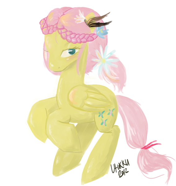 Size: 1034x1092 | Tagged: safe, artist:1eg, derpibooru import, fluttershy, pegasus, pony, alternate hairstyle, braid, female, flower, flower in hair, folded wings, looking at you, mare, rearing, simple background, solo, three quarter view, twin braids, white background, wings