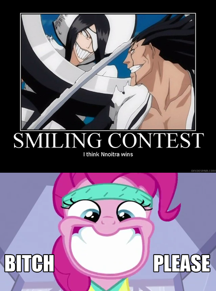 Size: 750x1011 | Tagged: bleach (manga), demotivational poster, derpibooru import, human, image macro, meme, nnoitra gilga, pinkie pie, safe, smiling, zaraki kenpachi