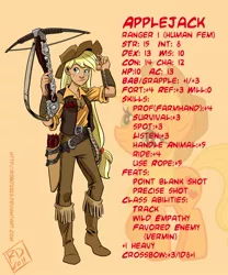 Size: 750x900 | Tagged: applejack, archery, artist:robd2003, cowboy vest, crossbow, derpibooru import, dungeons and dragons, fantasy class, humanized, safe, solo, text, weapon