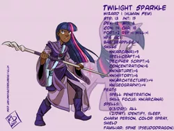 Size: 1099x826 | Tagged: safe, artist:robd2003, derpibooru import, twilight sparkle, blackwashing, dungeons and dragons, fantasy class, humanized, image, jpeg, race swap, solo, text, weapon, wizard