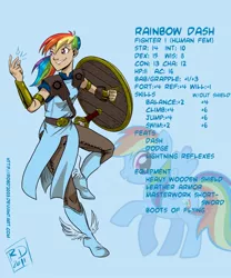 Size: 750x900 | Tagged: artist:robd2003, derpibooru import, dungeons and dragons, fantasy class, humanized, rainbow dash, safe, shield, sword, text, weapon, winged shoes