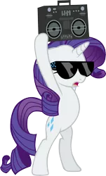 Size: 1220x2020 | Tagged: safe, artist:delphince, derpibooru import, rarity, pony, bipedal, boombox, simple background, solo, sunglasses, swag, transparent background, vector