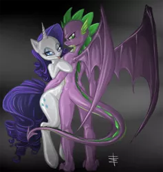 Size: 852x900 | Tagged: suggestive, artist:tt-n, derpibooru import, rarity, spike, dragon, semi-anthro, unicorn, adult spike, female, interspecies, looking at you, looking back, looking back at you, male, mare, older, older spike, shipping, sparity, straight, tongue out, winged spike, wings