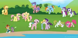 Size: 2566x1261 | Tagged: applejack, artist:chano-kun, danny williams, derpibooru import, firefly, fluttershy, g1, g1 six, g1 to g4, generation leap, human, mane seven, mane six, megan williams, molly williams, pinkie pie, posey, rainbow dash, rarity, safe, sparkler (g1), spike, surprise, twilight sparkle