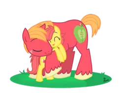 Size: 800x606 | Tagged: safe, artist:thephoebster, derpibooru import, big macintosh, oc, oc:suncrisp, earth pony, pony, father and daughter, filly, hug, male, offspring, parent:big macintosh, parent:fluttershy, parents:fluttermac, stallion