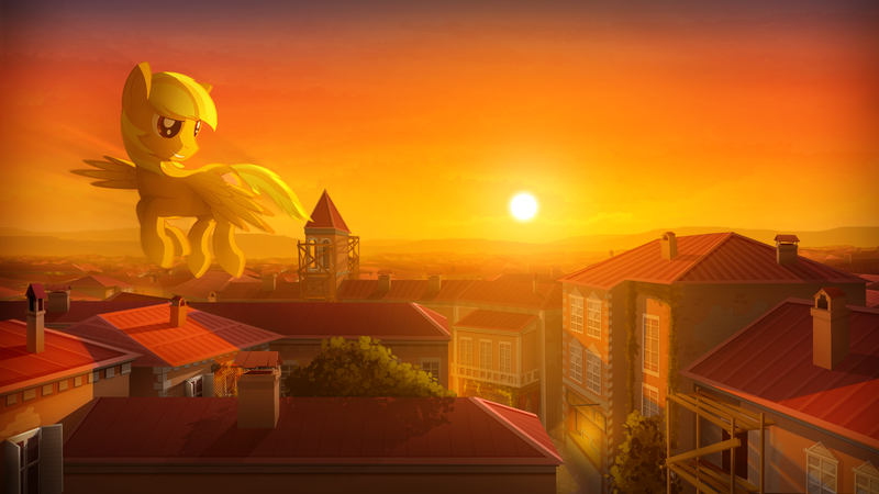 Size: 1920x1080 | Tagged: safe, artist:gign-3208, derpibooru import, ponified, pegasus, pony, chronicles of amber, crepuscular rays, flying, grin, looking back, scenery, sky, smiling, smirk, solo, spread wings, sun, sunset, wings