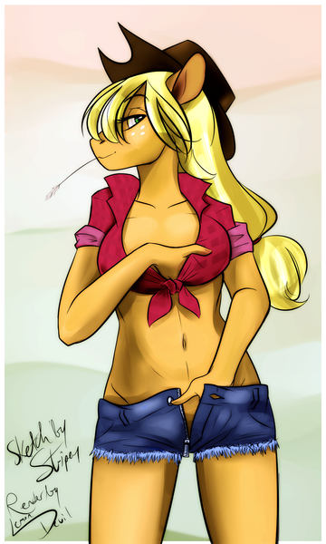 Size: 1153x1920 | Tagged: anthro, applejack, artist:lemondevil, artist:lolopan, belly button, breast fondling, breast grab, breasts, busty applejack, derpibooru import, female, grope, questionable, self grope, solo, solo female, straw in mouth