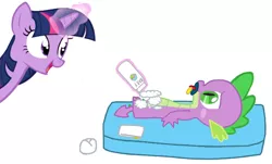 Size: 732x441 | Tagged: safe, artist:diaperpuff, artist:r55, derpibooru import, spike, twilight sparkle, baby powder, diaper, diaper change, diapering, image, lying down, pacifier, png