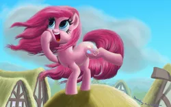 Size: 1024x640 | Tagged: safe, artist:deathpwny, derpibooru import, pinkie pie, earth pony, pony, beautiful, female, happy, mare, open mouth, solo, windswept mane