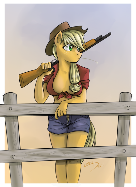 Size: 1280x1760 | Tagged: questionable, artist:lemondevil, derpibooru import, applejack, anthro, blonde mane, blonde tail, blue bottomwear, breasts, busty applejack, clothes, cowboy hat, cowgirl, daisy dukes, denim shorts, female, fence, freckles, front knot midriff, gun, hat, image, midriff, open clothes, open shirt, orange fur, outdoors, png, pubic hair, pubic hair slip, red topwear, shorts, shotgun, solo, solo female, tomboy, unzipped, watermark, weapon, wooden fence