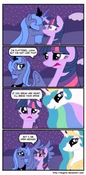 Size: 800x1611 | Tagged: safe, artist:teygrim, derpibooru import, princess celestia, princess luna, twilight sparkle, alicorn, pony, unicorn, blushing, comic, death threat, female, forced shipping, frown, grin, happy, kissing, lesbian, lidded eyes, mare, nervous, night, open mouth, overprotective, s1 luna, sad, scared, shipping, smiling, speech bubble, spread wings, squee, threat, threatening, trollestia, twiluna, unicorn twilight, wide eyes