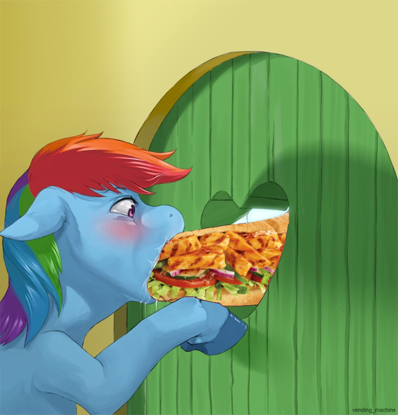 Size: 766x800 | Tagged: questionable, artist:kevinsano, derpibooru import, edit, rainbow dash, blushing, eating, female, food, hippo snout, not porn, real, sandwich, sandwich censorship, solo, solo female