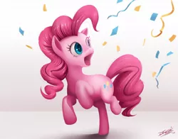 Size: 1212x951 | Tagged: safe, artist:dfer32, derpibooru import, pinkie pie, earth pony, pony, bust, confetti, cropped, cute, diapinkes, gasp, gradient background, happy, open mouth, ponk, portrait, raised hoof, raised leg, reaction image, rearing, simple background, smiling, solo, streamers, weh, white background