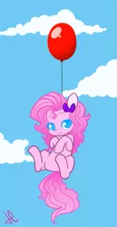 Size: 585x1138 | Tagged: dead source, safe, artist:lolopan, derpibooru import, pinkie pie, earth pony, pony, balloon, bow, colored eyelashes, colored pupils, cute, diapinkes, featureless crotch, female, hooves to the chest, looking at you, mare, signature, smiling, solo, then watch her balloons lift her up to the sky