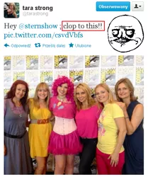 Size: 459x549 | Tagged: clopping, comic con, derpibooru import, female, human, implied masturbation, irl, irl human, me gusta, photo, safe, san diego comic con, tara strong, twitter, word of strong