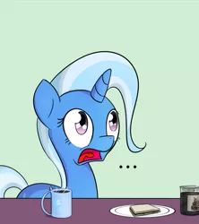 Size: 485x545 | Tagged: safe, artist:subjectnumber2394, derpibooru import, trixie, pony, unicorn, coffee, female, mare, reaction image, sandwich, solo