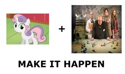 Size: 1337x796 | Tagged: safe, derpibooru import, sweetie belle, human, pony, robot, robot pony, unicorn, dalek, doctor who, exploitable meme, female, filly, foal, glasses, hooves, horn, irl, irl human, make it happen, male, meta, photo, sweetie bot