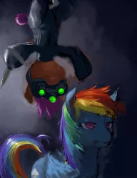 Size: 590x767 | Tagged: artist:citlalicue, artist:discotecnia ottanta, derpibooru import, knife, parody, rainbow dash, safe, scootaloo, splinter cell, upside down