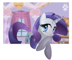 Size: 1016x844 | Tagged: safe, artist:nabbiekitty, derpibooru import, rarity, pony, unicorn, carousel boutique, curtains, fourth wall, solo, window