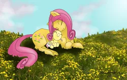 Size: 900x567 | Tagged: artist:snakehands, baby, babyshy, cuddling, cute, daaaaaaaaaaaw, derpibooru import, diaper, field, flower, fluttershy, foal, g1, g1 to g4, generation leap, posey, safe, smiling