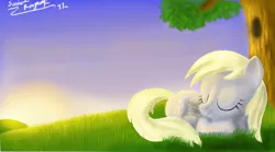 Size: 1380x768 | Tagged: safe, artist:awildfantasy, derpibooru import, derpy hooves, pegasus, pony, female, mare, sleeping, solo, tree