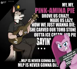 Size: 1320x1185 | Tagged: american pie, artist:wolfjedisamuel, baseball cap, cap, clothes, derpibooru import, don mcclean, furry, guitar, hat, hoof hold, meme, oc, oc:wolfjedisamuel, op failed at starting shit, pants, parody, pinkamena diane pie, pinkie pie, safe, shirt, smiley face, song reference, tail, trollface