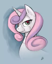 Size: 983x1199 | Tagged: safe, artist:theinkbot, derpibooru import, sweetie belle, pony, robot, robot pony, unicorn, bust, female, horn, looking at you, older, solo, sweetie bot