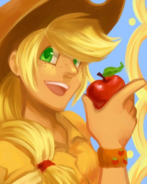 Size: 600x750 | Tagged: apple, applejack, artist:t1mco, derpibooru import, food, humanized, safe, solo