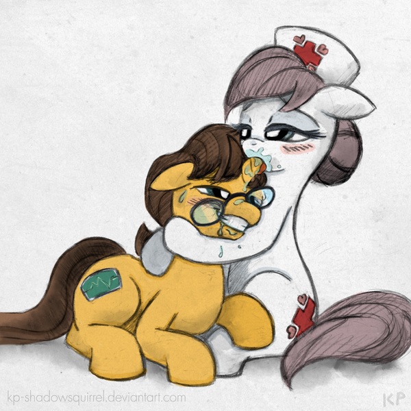 Size: 800x800 | Tagged: questionable, artist:kp-shadowsquirrel, derpibooru import, doctor horse, doctor stable, nurse redheart, pony, blushing, doctor, drool, female, glasses, hornjob, male, mare, nudity, nurse, shipping, smiling, stableheart, stallion, sweat