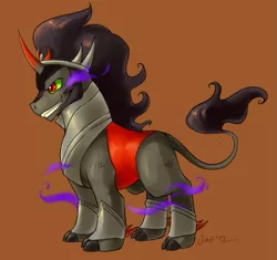 Size: 551x518 | Tagged: safe, artist:jiayi, derpibooru import, king sombra, classical unicorn, pony, unicorn, the crystal empire, spoiler:s03, cloven hooves, colored fetlocks, crystal empire, leonine tail, orange background, season 3 villain, simple background, solo, unshorn fetlocks