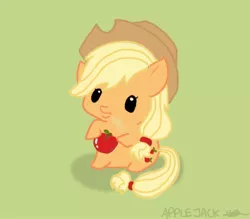 Size: 800x700 | Tagged: apple, applejack, artist:kbcookie, chibi, derpibooru import, food, safe, sitting, solo