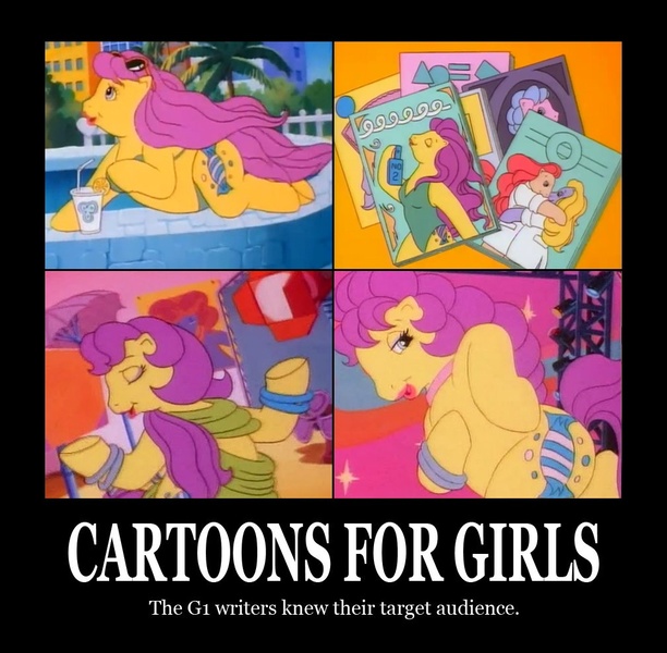 Size: 1008x988 | Tagged: bikini, bon bon (g1), clothes, demotivational poster, derpibooru import, g1, meme, my little pony tales, safe, screencap, swimsuit, the masquerade