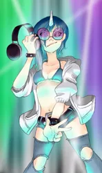 Size: 473x797 | Tagged: artist:zoe-productions, belly button, breasts, clothes, derpibooru import, female, glasses, headphones, horned humanization, human, humanized, safe, solo, underboob, vinyl scratch