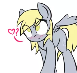 Size: 1892x1794 | Tagged: safe, artist:adamscage, derpibooru import, derpy hooves, pegasus, pony, blushing, cute, derpabetes, eye clipping through hair, heart, looking at you, looking up, no pupils, pictogram, question mark, simple background, smiling, solo, spread wings, underp