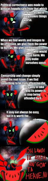 Size: 1200x4481 | Tagged: comic, derpibooru import, everyday i'm shoveling, floppy ears, glare, glowing eyes, gritted teeth, oc, oc:niggertron, open mouth, ponibooru, racism, red and black oc, safe, smiling, solo, unofficial characters only, watermelon