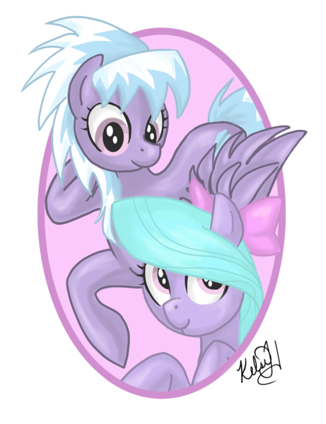 Size: 1146x1492 | Tagged: dead source, safe, artist:viperviolist, derpibooru import, cloudchaser, flitter, pegasus, pony, abstract background, duo, duo female, female, mare, signature, smiling, spread wings, wings