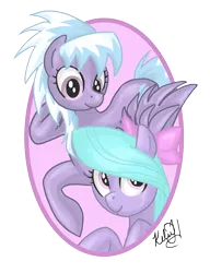 Size: 1146x1492 | Tagged: dead source, safe, artist:viperviolist, derpibooru import, cloudchaser, flitter, pegasus, pony, abstract background, duo, duo female, female, mare, signature, smiling, spread wings, wings