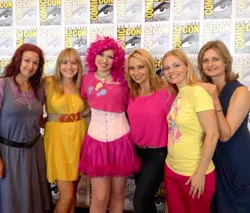 Size: 600x511 | Tagged: andrea libman, artist:aktrez, cathy weseluck, comic con, cosplay, derpibooru import, human, irl, irl human, meghan mccarthy, photo, pinkie pie, safe, san diego comic con, tabitha st. germain, tara strong, voice actor