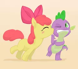 Size: 900x800 | Tagged: safe, artist:jakneurotic, derpibooru import, apple bloom, spike, dragon, earth pony, pony, female, filly, interspecies, kissing, male, shipping, spikebloom, straight