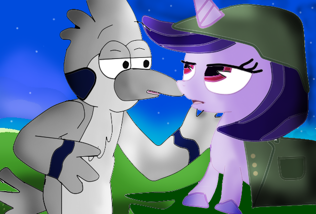 Size: 635x430 | Tagged: artist:kaiamurosesei, background pony strikes again, crossover, crossover shipping, derpibooru import, female, mad magazine, mad (tv series), male, mordecai, my little war horse, oc, regular show, safe, shipping, straight, style emulation